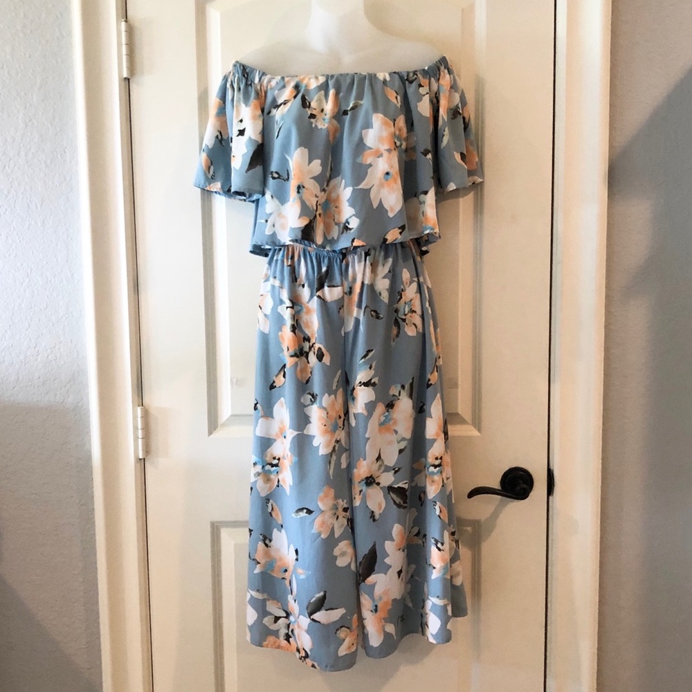 Dusty blue jumpsuit with peach florals off the shoulder and wide legs